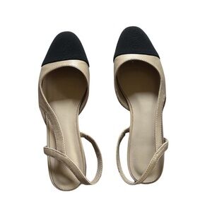 Closed Round Toe Color-Block Slingback Dress Flats | Cream/Black | Size 6